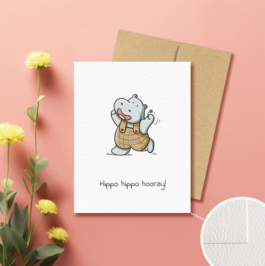 hippo hippo hooray greeting card, hand illustrated greeting card